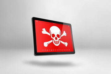 Digital tablet PC with a pirate symbol on screen. Hacking and virus concept
