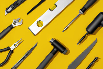 Flat lay composition with set of home repair tools on bright yellow background. Top view pattern with copy space.