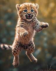 Obraz premium A cub is jumping with his arms in the air, ai-generated artwork