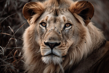 Obraz na płótnie Canvas An adult lion in the savannah, ai-generated artwork