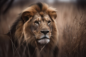 Fototapeta premium An adult lion in the savannah, ai-generated artwork