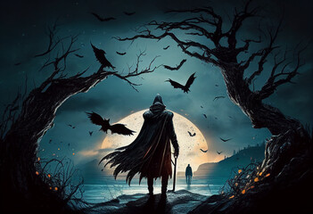 A man in a black cloak walks in a dark forest. AI Generated