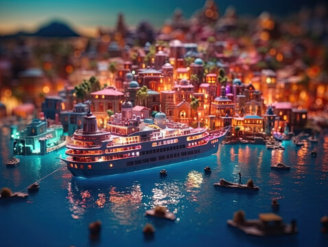 Miniature model of beautiful costal town with big ship and boats, ai-generated artwork