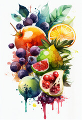 Still life of colorful fruits, painted in watercolor. AI Generated