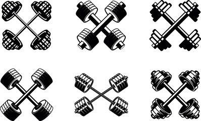 Vector illustrations of crossed sports barbells. Perfect for fitness and sports-related designs. Use them for posters, logos, t-shirts, and more.