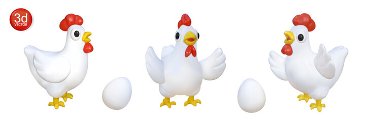 3d chicken characters and eggs icon set. Cartoon farm animals vector illustration for promotion chicken wings, nuggets, hen, egg, food.