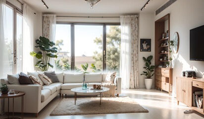 Fototapeta na wymiar Photo of a cozy living room with ample natural light from a large window