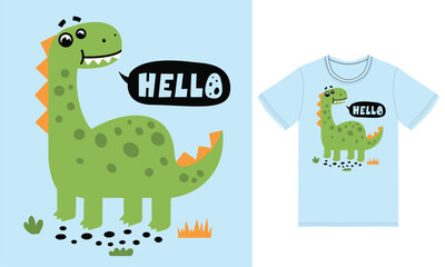 Cute dinosaur illustration with tshirt design premium vector