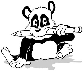 Obraz premium Drawing of a Sitting Panda Bear with a Crayon in his Mouth