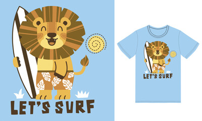 Cute lion surfing illustration with tshirt design premium vector
