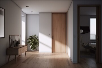 Naklejka na ściany i meble Minimalist room with natural light, white walls, wooden accents and a door. 3D rendering. Generative AI