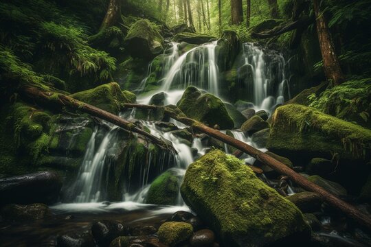 Majestic waterfall cascading through the lush forest, adorned with green moss and rocks. Long exposure image captures its beauty. Generative AI