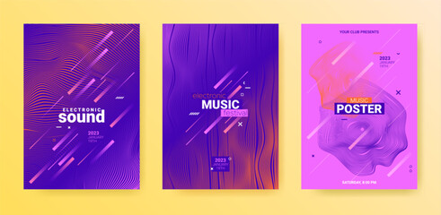 Electro Music Flyers Set. Techno Party Cover. Gradient Wave Line.