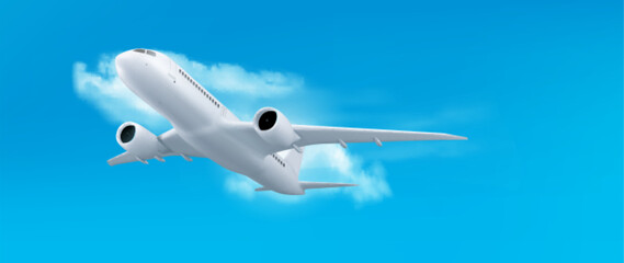 Naklejka na ściany i meble 3d white plane flight in sky air vector travel concept. Realistic render of jet on blue background with cloud. Airline commercial banner for international fly on holiday. Charter aircraft takeoff.