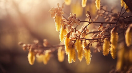 Art beautiful Easter springtime floral background; blooming willow tree in spring on sunny bokeh background. Generative ai.