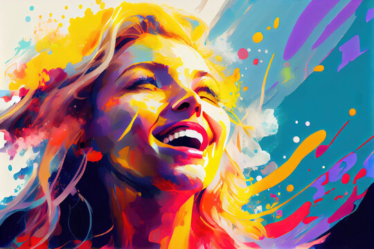 Happy female face of woman as watercolor illustration (Generative AI)