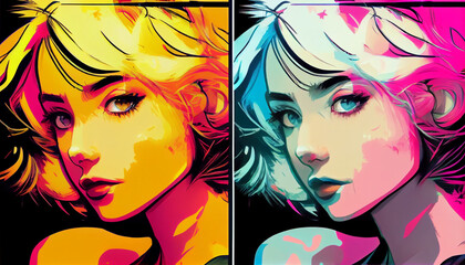 Colorfull pop art manga girl with vibrant colors for posters 