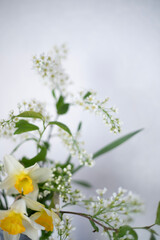 A bouquet of delicate daffodils in a vase on the background of a home interior