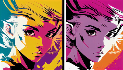 Colorfull pop art manga girl with vibrant colors for posters 