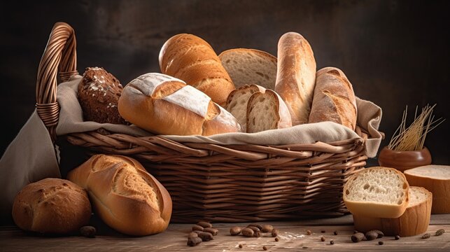 many types of bread in a wicker basket. Composition with bread and rolls in wicker basket, generative ai