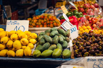 Tropical fruits in fruit market at night streetfood market