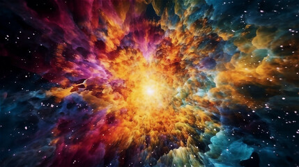 Obraz na płótnie Canvas Colorful illustration outer space moments after the Big Bang. Concept image of a bright explosion in outer space. Generative AI