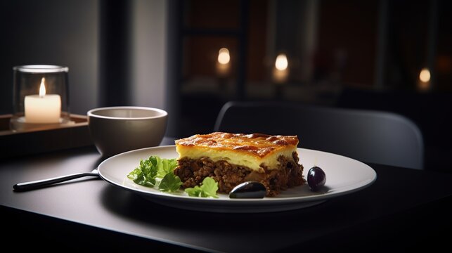 Moussaka in a white plate on a table in a restaurant. generative ai