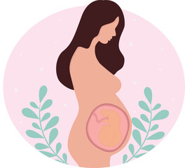 Pregnancy woman pregnant on background with flowers leaves vector illustration