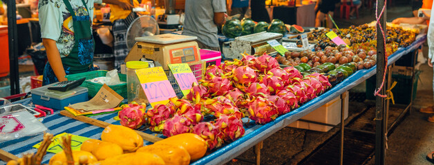 Tropical fruits in fruit market at night streetfood market