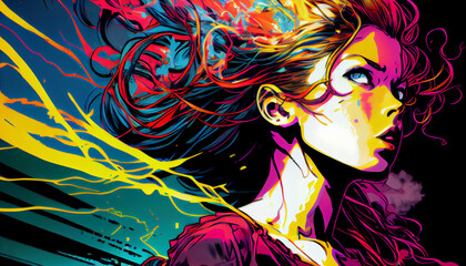 Energetically hued manga maiden displaying a captivating look with oversized expressive eyes. An anime figure donning lively, polychromatic hair.