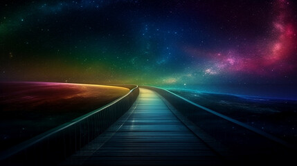 Fototapeta na wymiar The beautiful night sky and the wooden bridge leading to the distance