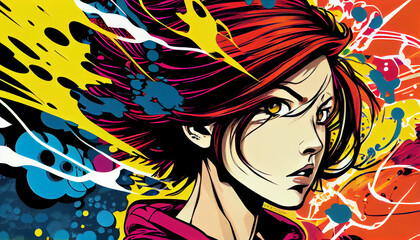 Energetically hued manga maiden displaying a captivating look with oversized expressive eyes. An anime figure donning lively, polychromatic hair.