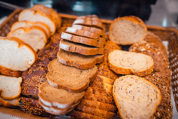 Fresh baked bread on a display in bakery