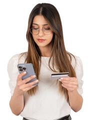 Online payment, portrait of businesswoman online payment concept. Holding debit credit card and...