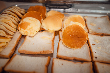 Fresh baked bread on a display in bakery