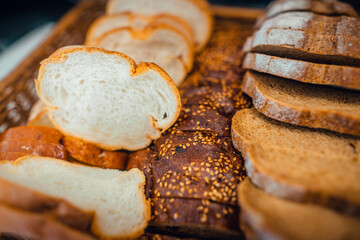 Fresh baked bread on a display in bakery