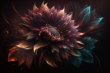 Fantasy flower on a dark background. Abstract floral design for prints, postcards or wallpaper. AI
