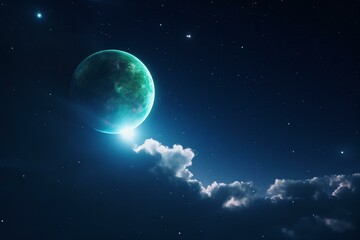 Two celestial bodies with clouds and a distant star, with blue and green light illuminating the right side. Generative AI
