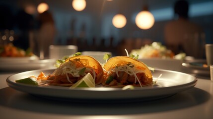 Homemade american beef tenderloin tacos with lettuce and tomato cheese on a plate in a cafe. generative ai