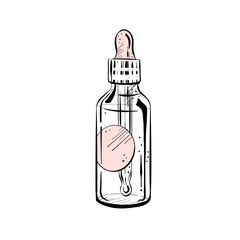 Vector illustration of closed bottle with dropper on white background. Black outline of container with liquid, graphic drawing. For postcards, design and composition decoration, prints, posters