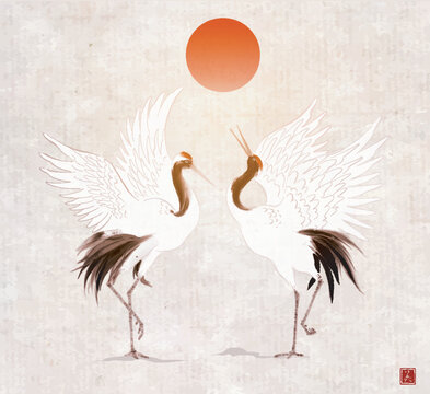Two dancing crane birds and big red sun on vintage background. Traditional Japanese ink wash painting sumi-e. Translation of hieroglyph - beauty