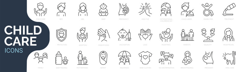Set of line icons related to child care,   international children day, kid rights, parenthood. Outline icon collection. Editable stroke. Vector illustration - 597033350