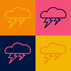 Pop art line Storm icon isolated on color background. Cloud and lightning sign. Weather icon of storm. Vector