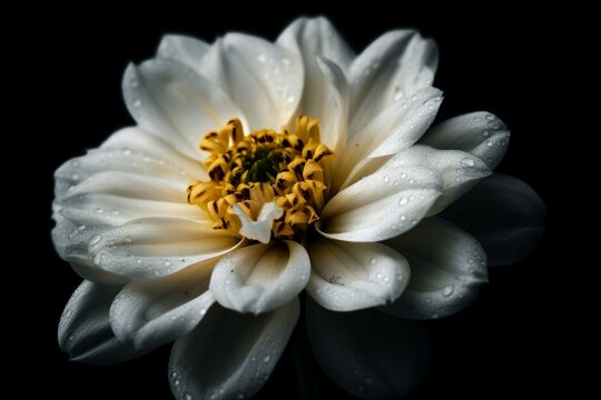 A big white flower and a yellow center against a black backdrop. Generative AI