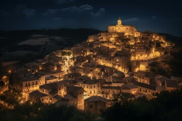 Medieval Sicilian town of Ragusa Ibla at night. City lights illuminate famous UNESCO site. Generative AI