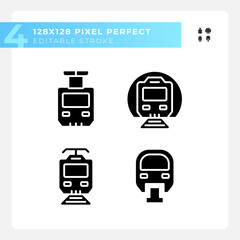 Passenger train pixel perfect black glyph icons set on white space. Steam locomotive. Rail transportation. High speed. Silhouette symbols. Solid pictogram pack. Vector isolated illustration