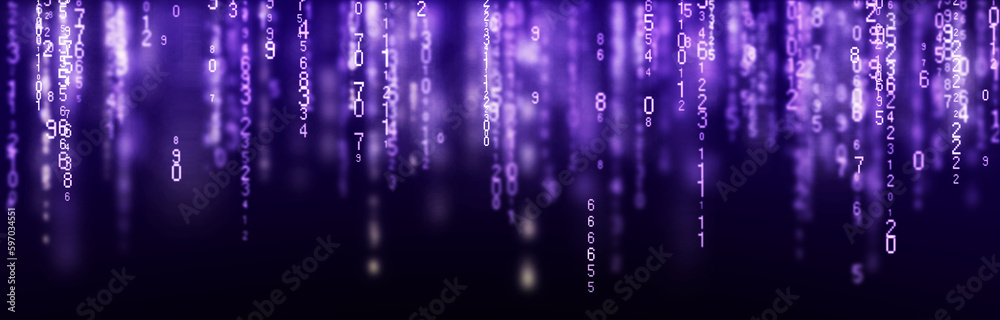 Poster Digital background purple matrix. Coding or hacking concept. Flow of random numbers. 3D rendering.