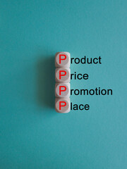 PPPP product price promotion place symbol. Concept words PPPP product price promotion place on...