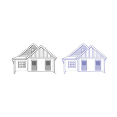 house isolated on white background.Linear pencil sketch of the house. White silhouette of a cottage-type house. Isolated. Vector.Blue color outline architectural sketch of a detached family house with