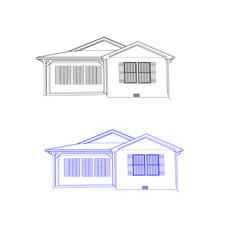 illustration of house.Blue color outline architectural sketch of a detached family house with garden. Vector.Linear pencil sketch of the house. White silhouette of a cottage-type house. Isolated. Vect